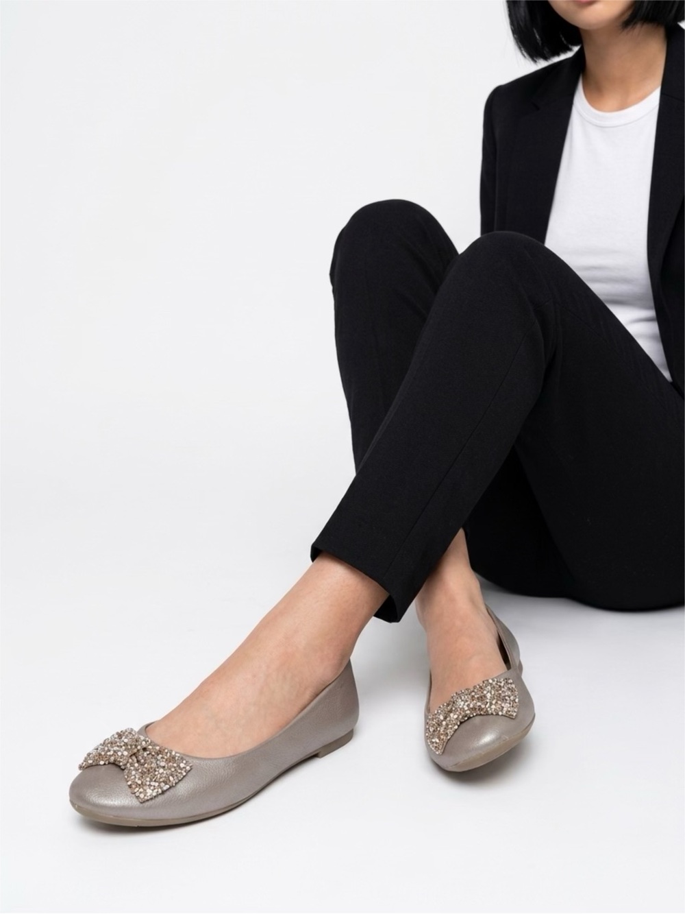 Nicole Champagne Sparkle Bow Ballet Flats